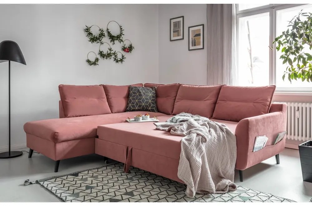Divano letto angolare in velluto rosa L, angolo sinistro Stylish Stan - Miuform