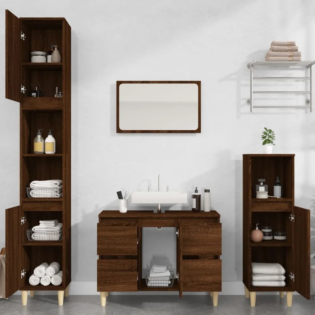 Set Mobili Da Bagno 3 Pz Rovere Marrone İn Legno Multistrato /