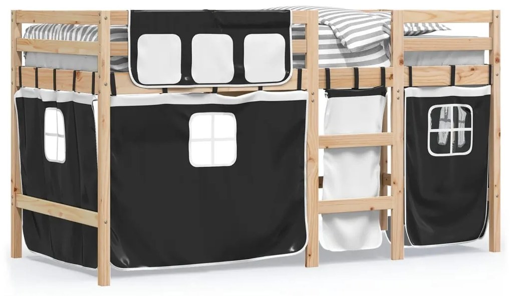 Letto a soppalco con tende bambini bianco e nero 90x200 cm pino