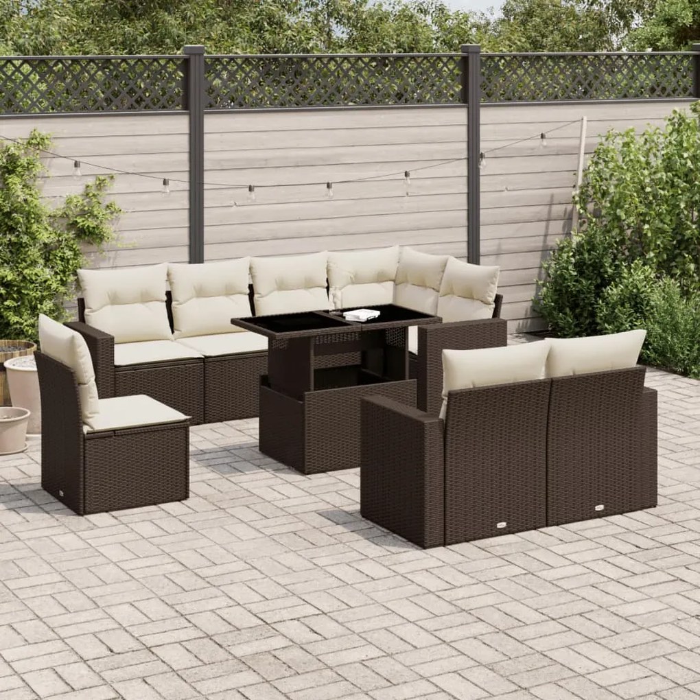 Set divani da giardino 9pz con cuscini marrone in polyrattan