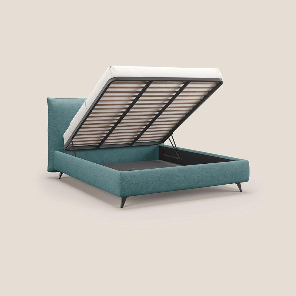EROS letto imbottito in piuma con vano contenitore in pregiato e fresco bouclet smacchiabile T16 azzurro