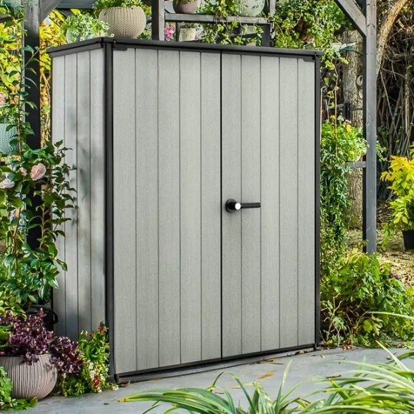 Box Porta Attrezzi Da Esterno In Resina 140x73,6x170,4H Cm High Store Grigio Effetto Legno Keter