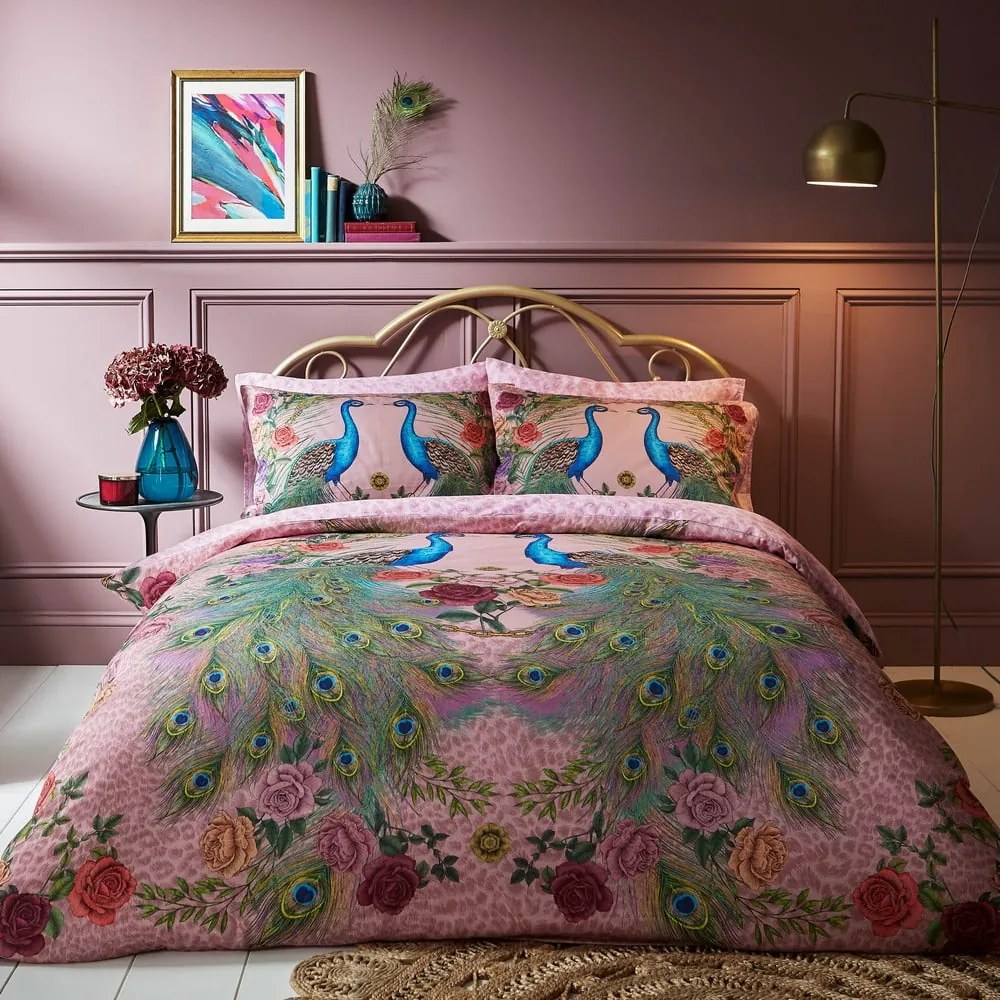 Set copripiumino e federa rosa in raso di cotone per letto matrimoniale e per letto esteso 230x220 cm Xanadu Peacock – Matthew Williamson