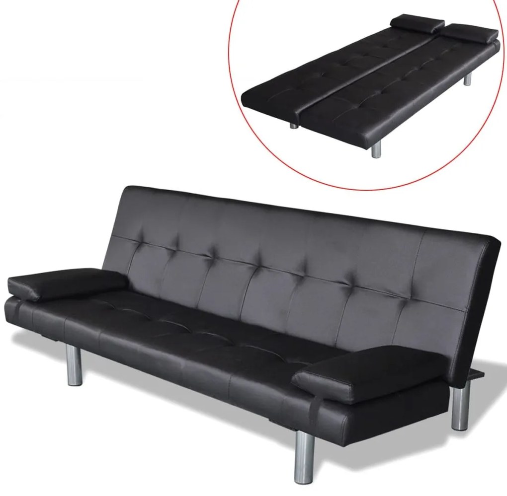 Divano Letto Con 2 Cuscini İn Similpelle Regolabile Nero /