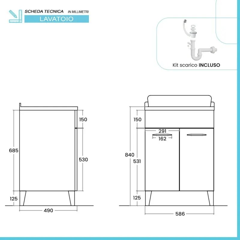 Mobile lavatoio 60x50 cm grigio calce vasca in resina e kit di scarico Moon
