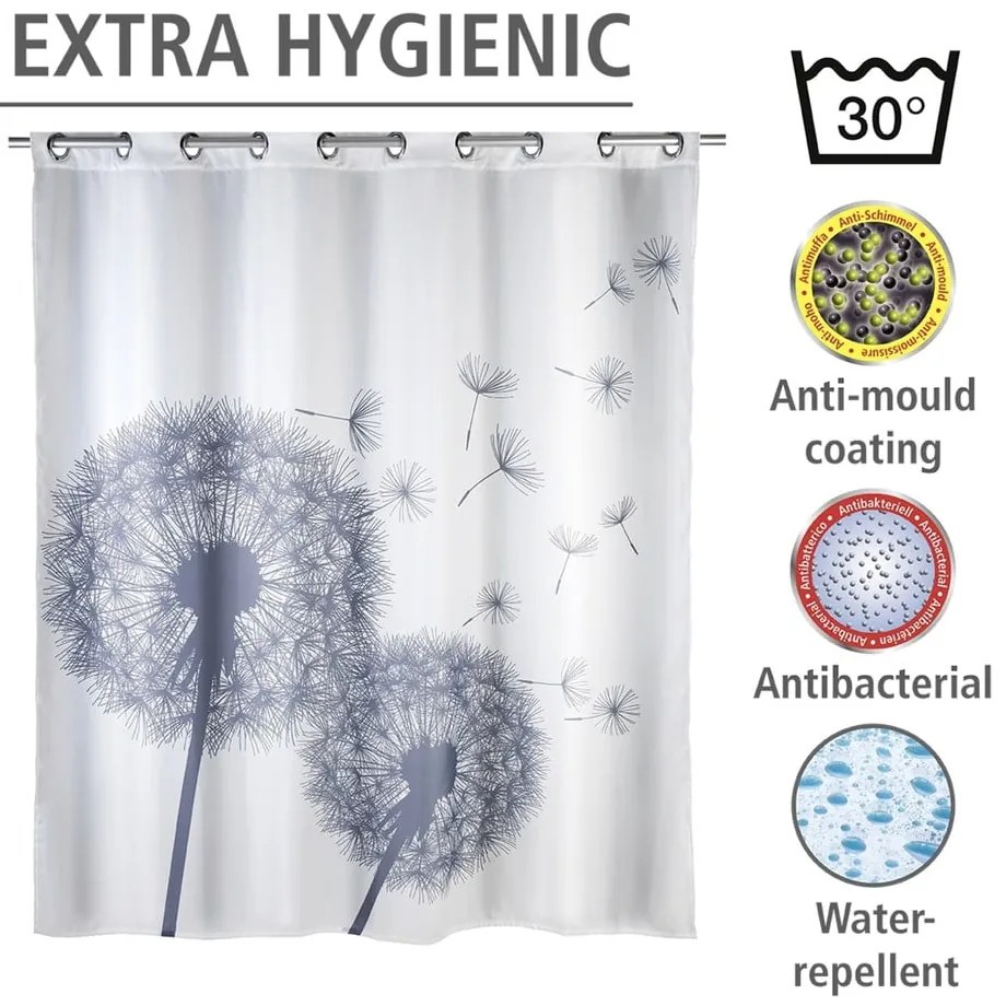 Tenda da doccia bianca con finitura antimuffa Dandelions, 180 x 200 cm Astera - Wenko