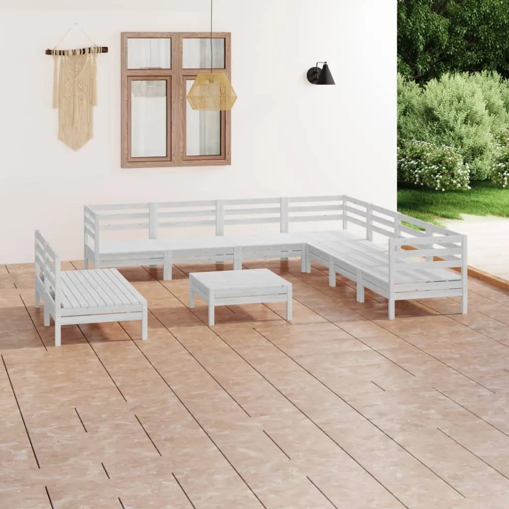 Set Salotto da Giardino 10 pz in Legno Massello di Pino Bianco