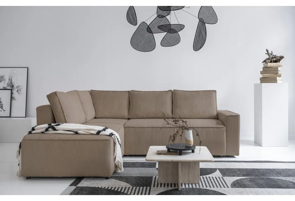 Divano letto angolare in velluto a coste beige Brave Dave - Miuform