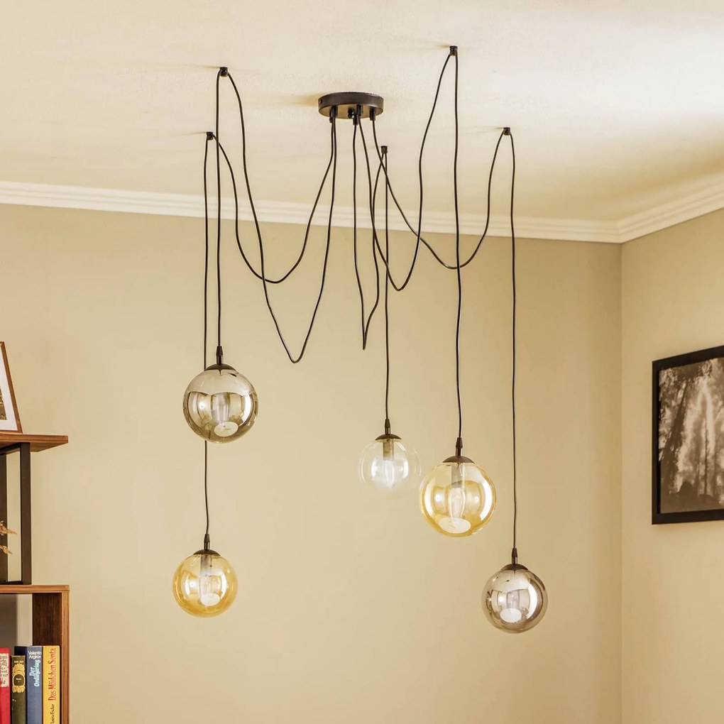 EMIBIG LIGHTING Lampada a sospensione Glassy, a 5 luci, nero, grafite/ambra/trasparente, E14