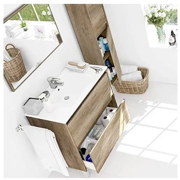 Mobile bagno 80 cm con colonna, lavabo e specchio rovere - Dakota 94611