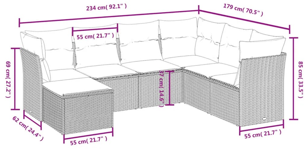 Set divani da giardino 7 pz con cuscini marrone in polyrattan