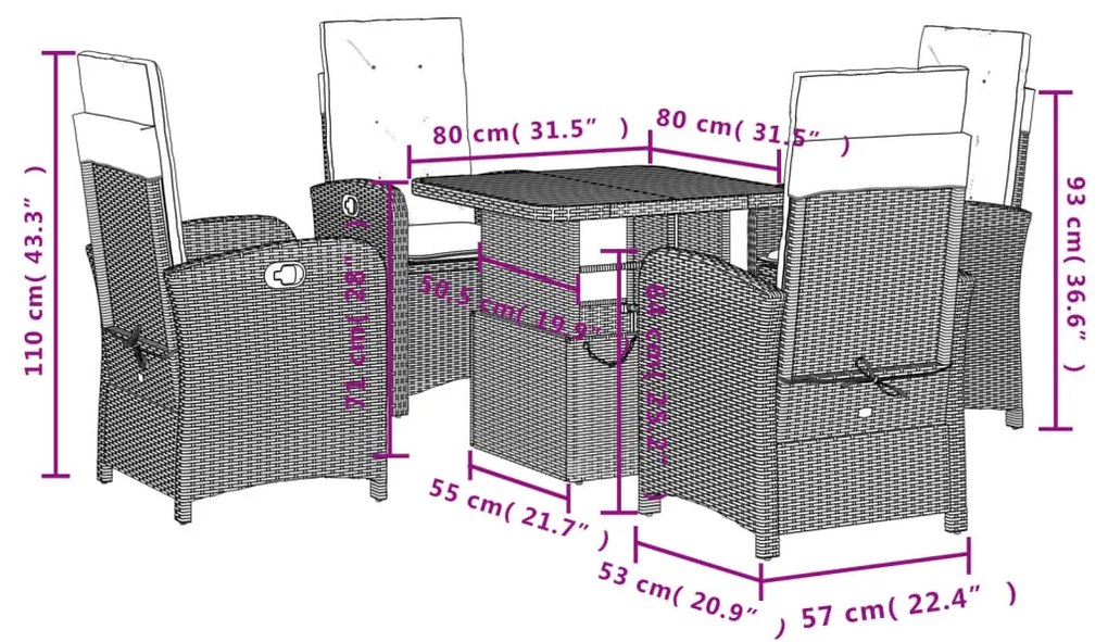 Set da pranzo da giardino 5 pz nero con cuscini in polyrattan