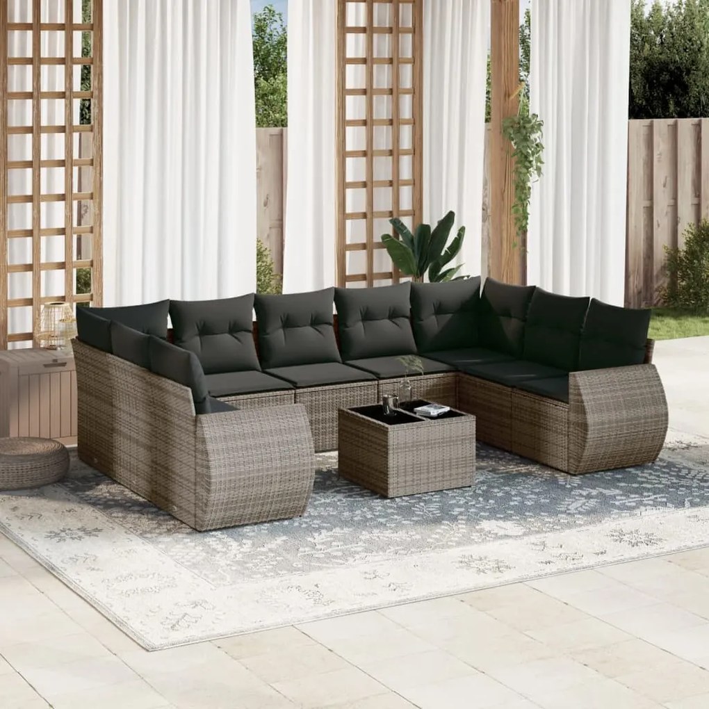 Set Divano da Giardino 10 pz con Cuscini Grigio in Polyrattan