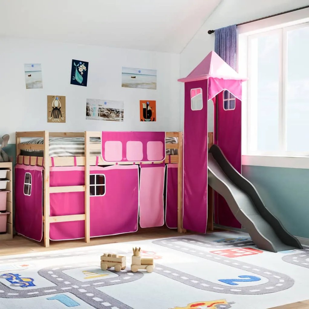 Letto A Soppalco Con Torre Bambini Rosa 90x190cm Massello Pino /