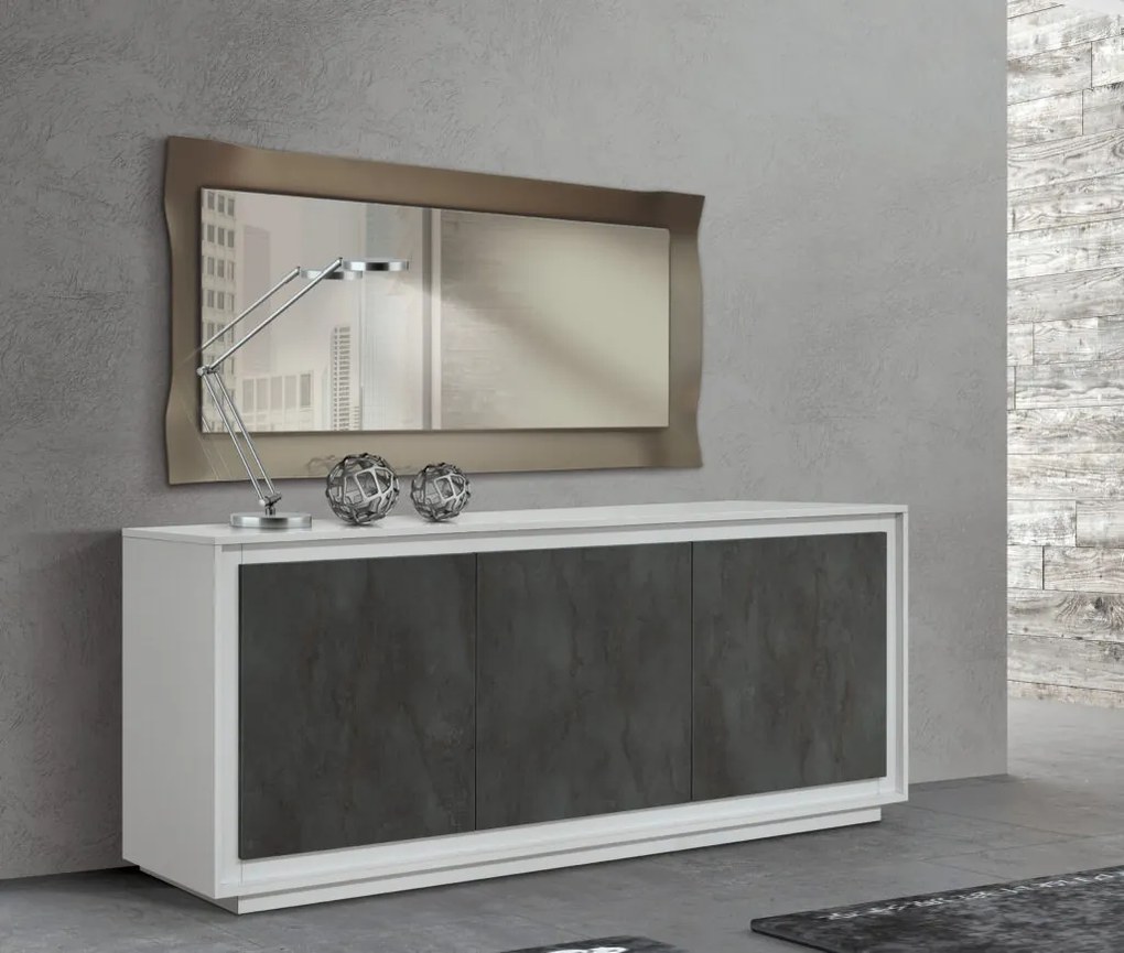 Credenza LAMPEDUSA in legno, finitura bianco frassinato ante finitura acciaio ossidato, 180&#215;50 cm