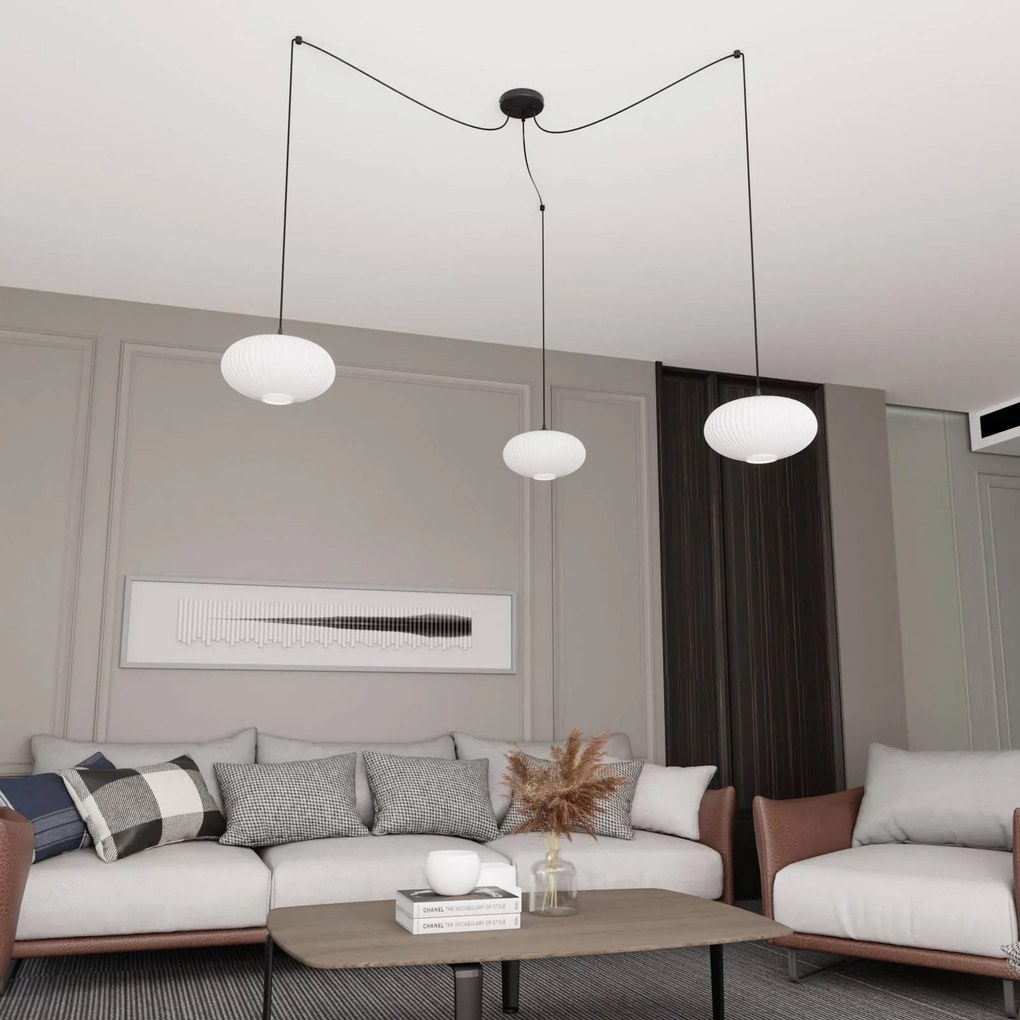 EMIBIG LIGHTING Lampada a sospensione Origo, opale/nero, decentrata, vetro, a 3 luci.