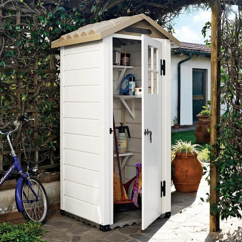 Casetta da giardino GAROFALO Tuscnay EVO XS in pvc beige con porta battente semplice, superficie interna 0.58 m² e spessore parete 20 mm