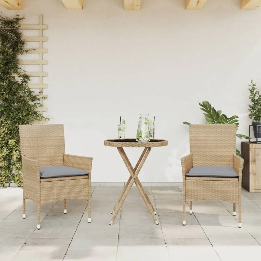 Set Da Bistrò 3 Pz Con Cuscini Beige Polyrattan E Vetro /