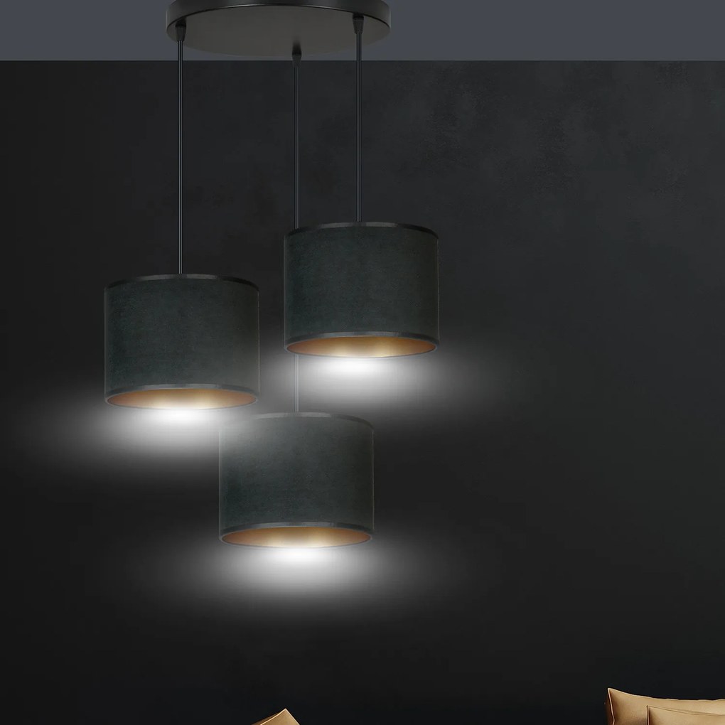 Lampadario Tondo 3 Luci Ganesha In Acciaio Nero E Paralumi In Tessuto Nero