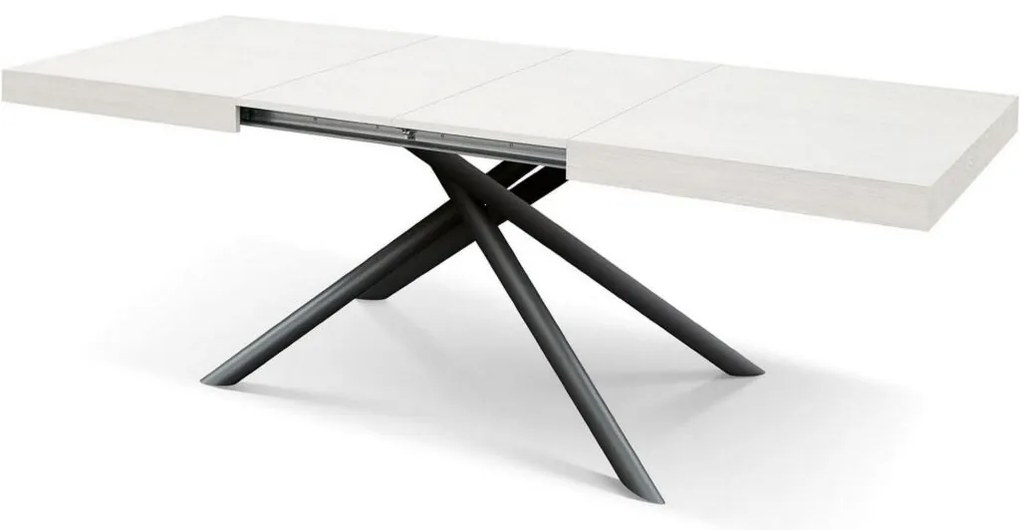 Tavolo CARRARA in legno, finitura bianco frassinato e base in metallo verniciato antracite, allungabile 140×90 cm – 220×90 cm