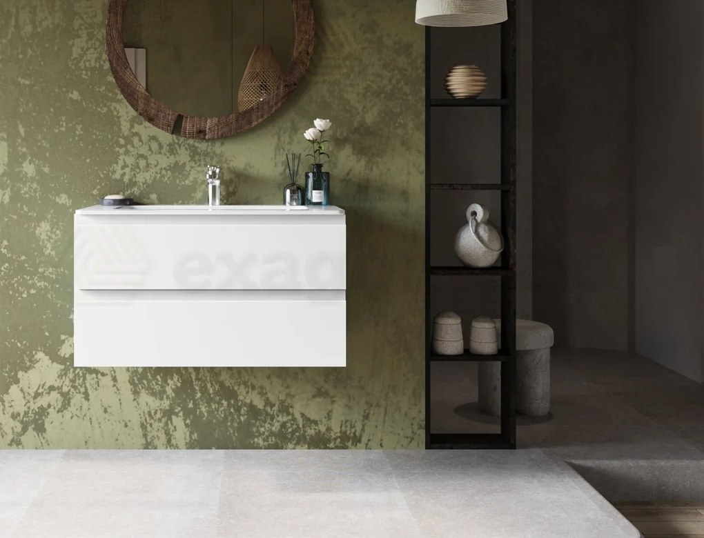 Mobile bagno bianco opaco 90x45 Pesaro sospeso a due cassetti con lavabo in ceramica