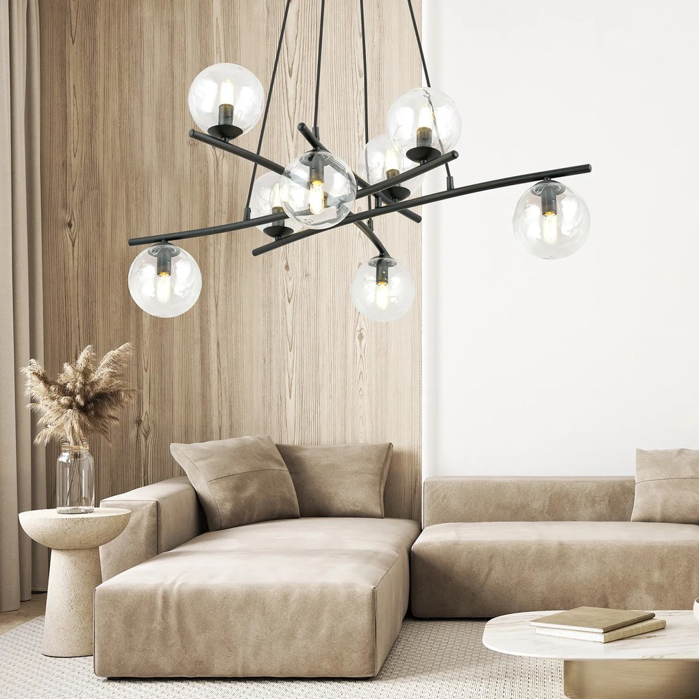 Lampadario Moderno Cadmo Acciaio Nero Trasparente 8 Luci E14 Ip20