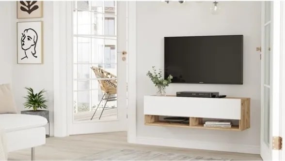 Mobile Tv Sospeso 100x32x30 Effetto Legno Rovere E Bianco Evolution