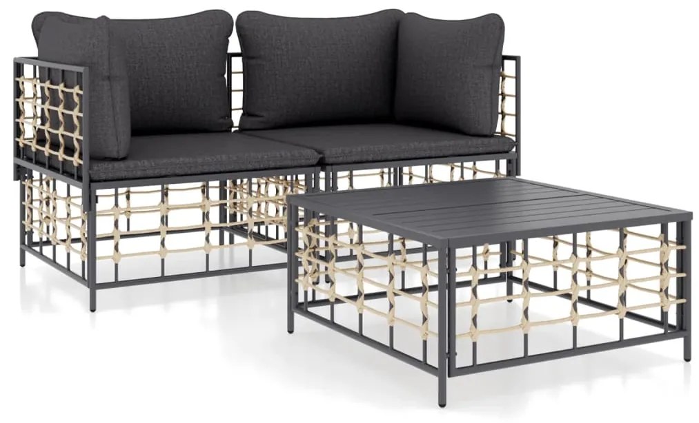 Set divani da giardino 3 pz con cuscini antracite in polyrattan