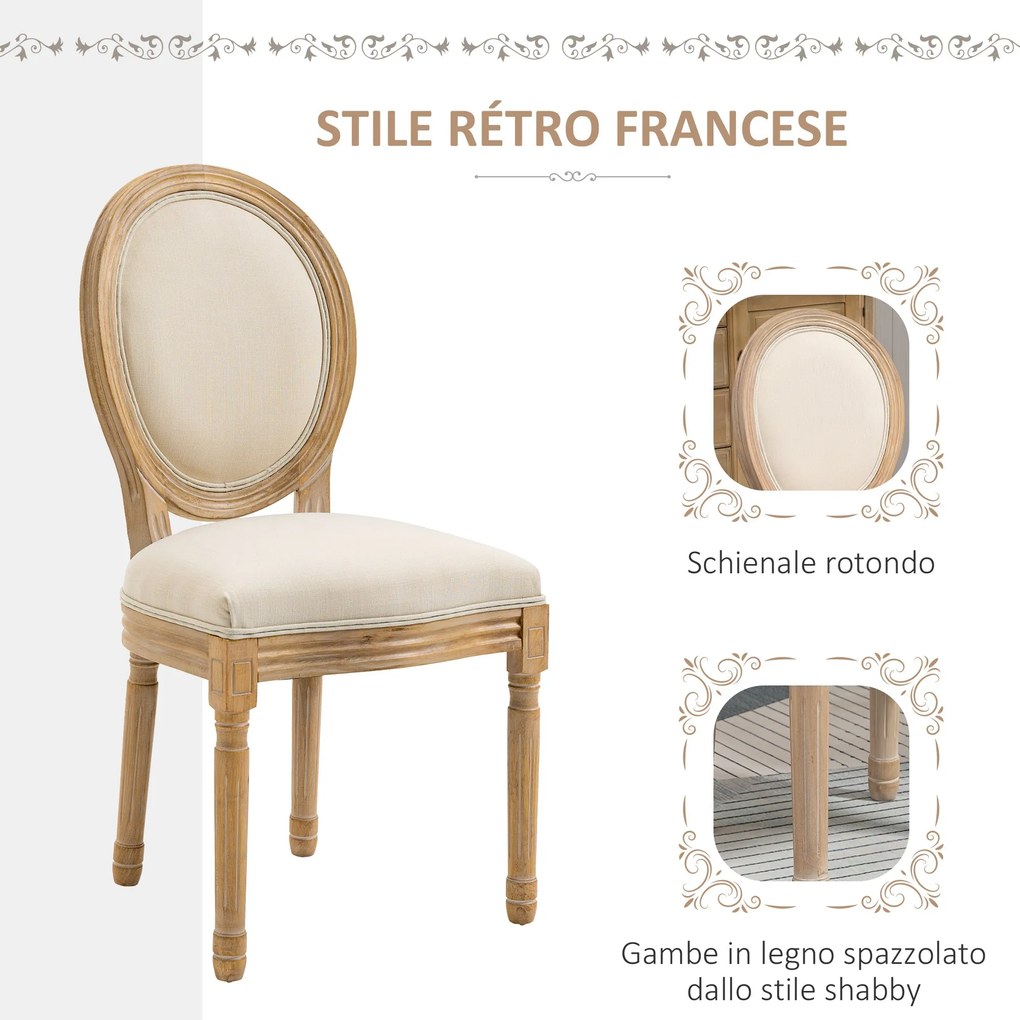 Set 2 Sedie Retrò Imbottite 49x56x96 cm in Legno e Tessuto Bianco Panna...