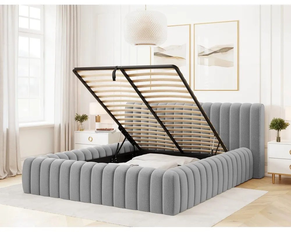 Letto matrimoniale imbottito grigio chiaro con contenitore e rete inclusi 140x200 cm Carilla – ELTAP
