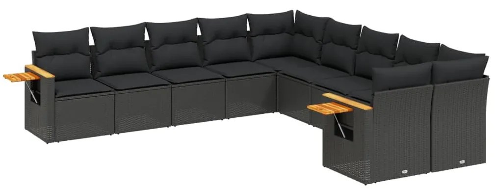 Set divani da giardino 10pz con cuscini in polyrattan nero