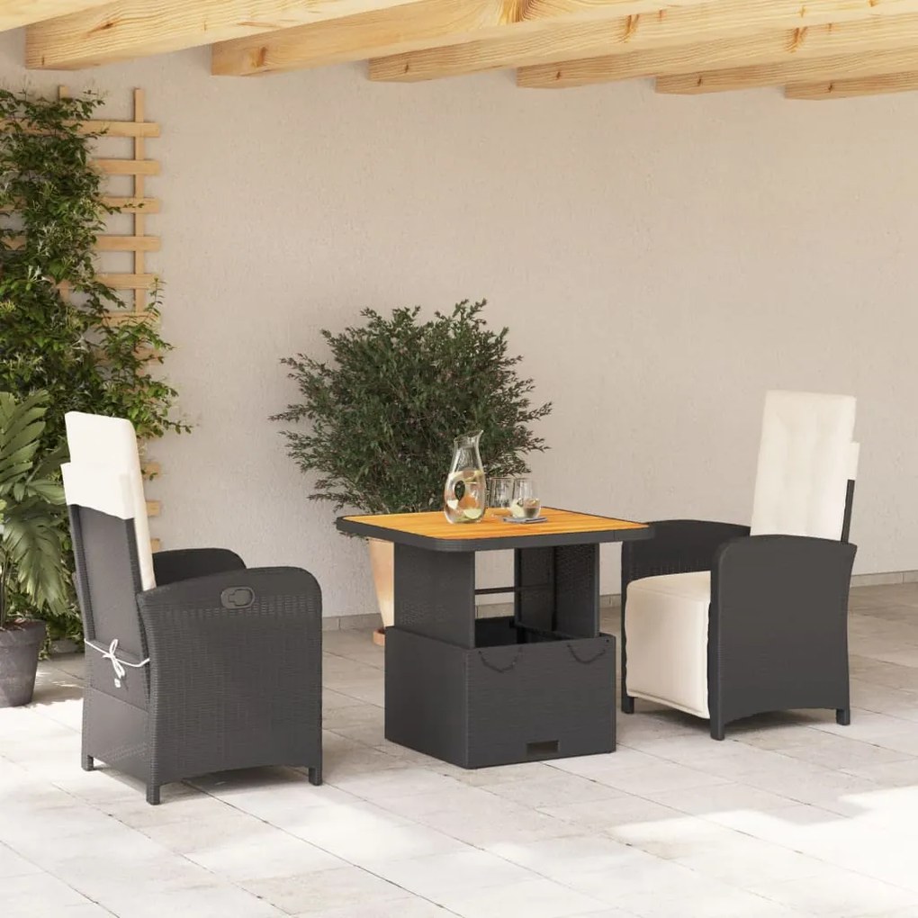 Set Da Pranzo Da Giardino 3 Pz Con Cuscini Nero İn Polyrattan /