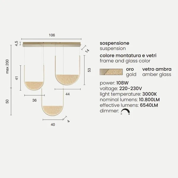 Lampada a sospensione LOTUS 3 Luci base rettangolare 106 cm e vetro granigliato ORO
