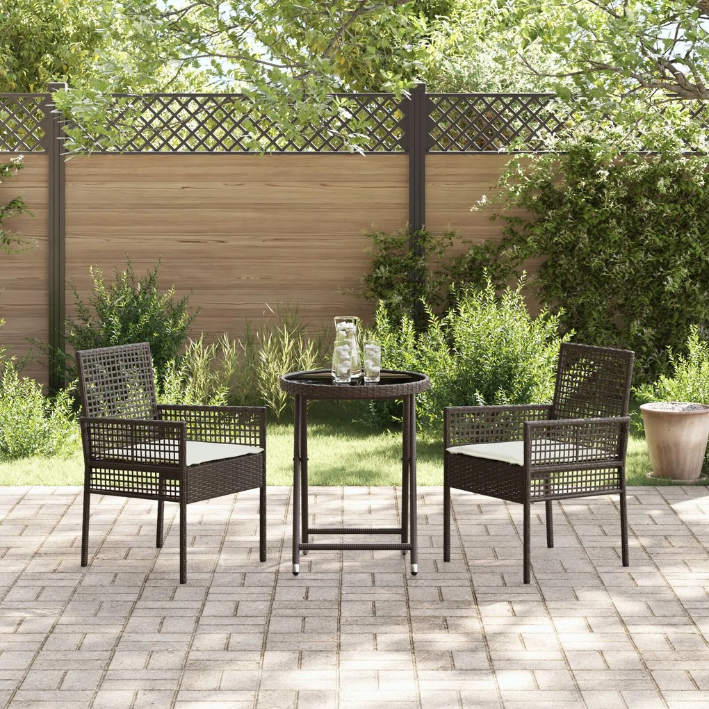 Set bistro da giardino 3 pezzi con cuscini marrone in polyrattan
