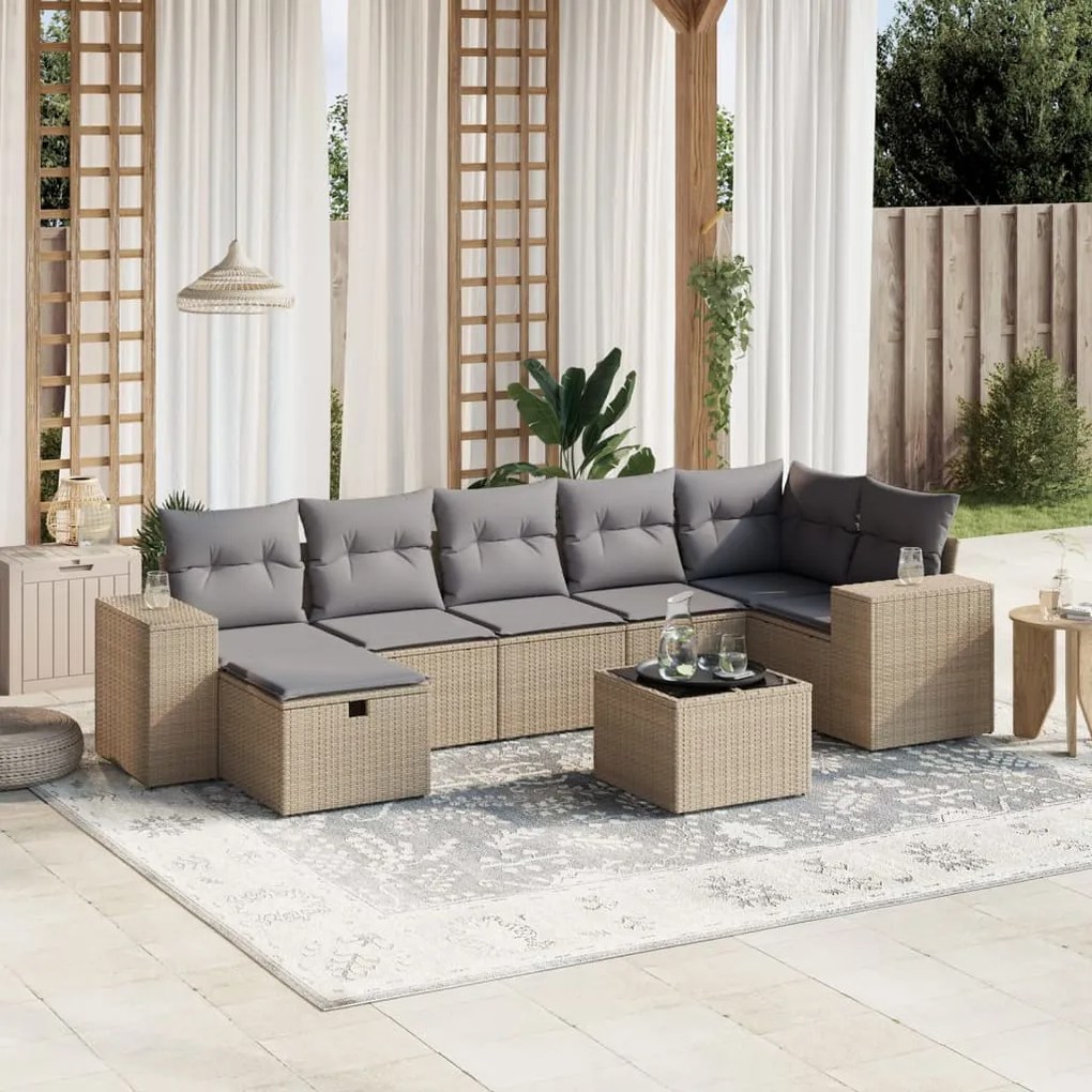 Set divano da giardino 8 pz con cuscini beige misto polyrattan