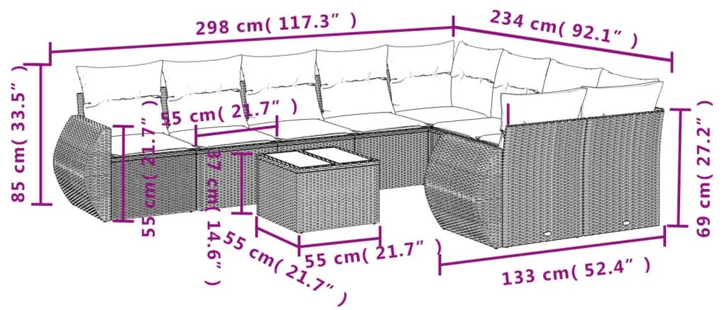 Set divani da giardino 10pz con cuscini in polyrattan nero