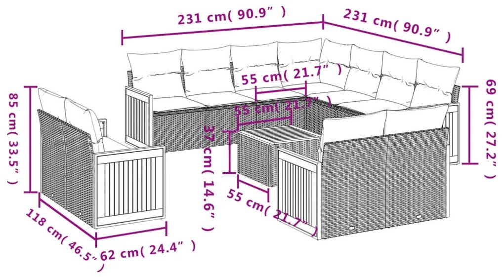 Set Divani da Giardino 12 pz con Cuscini Grigio in Polyrattan