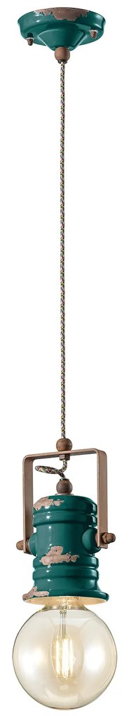 Lampadario Industrial Minimal Urban Ferro E Ceramica Vintage Verde 1 Luce E27