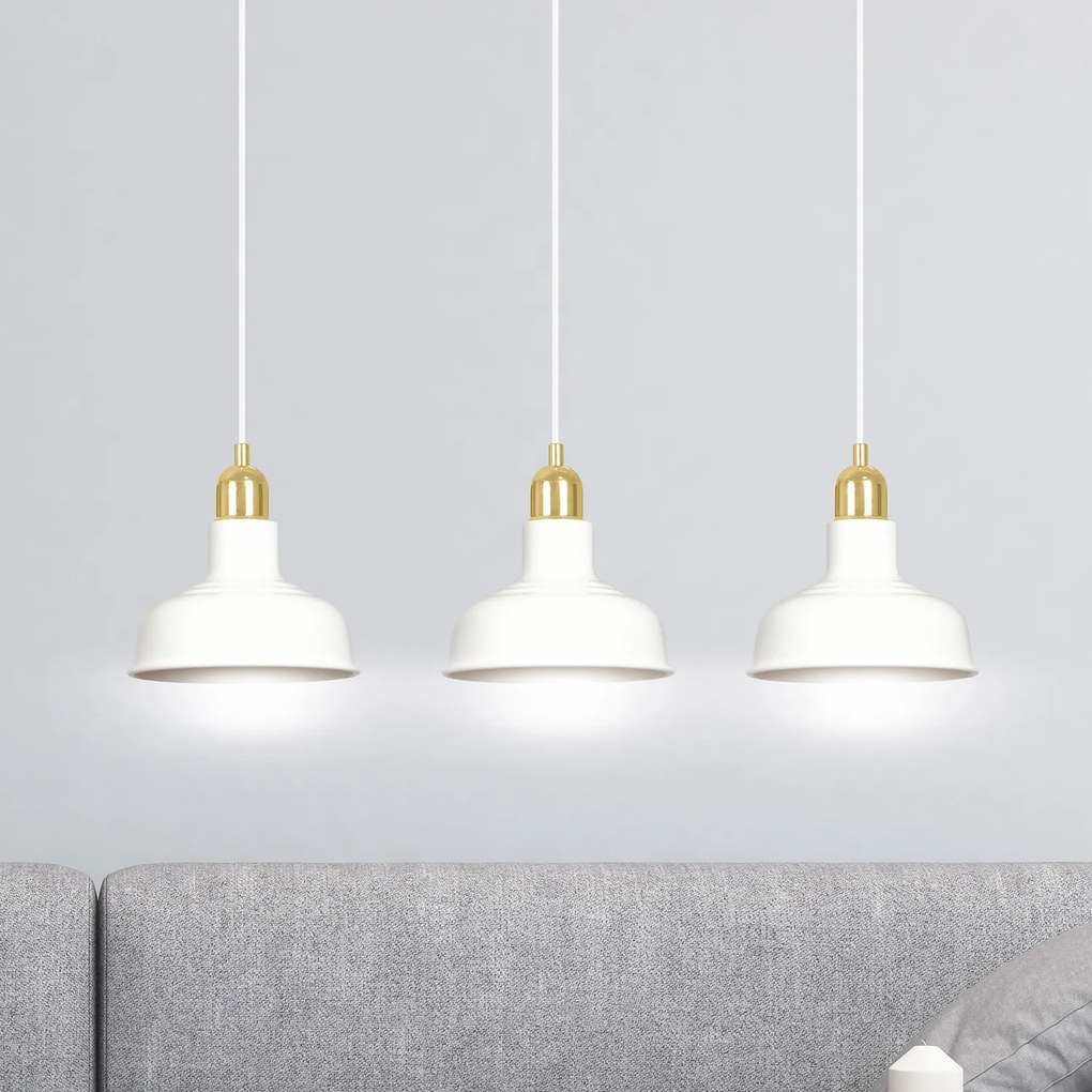 Lampadario Industrial 3 Luci Kubera In Acciaio Bianco Con Elementi In Oro