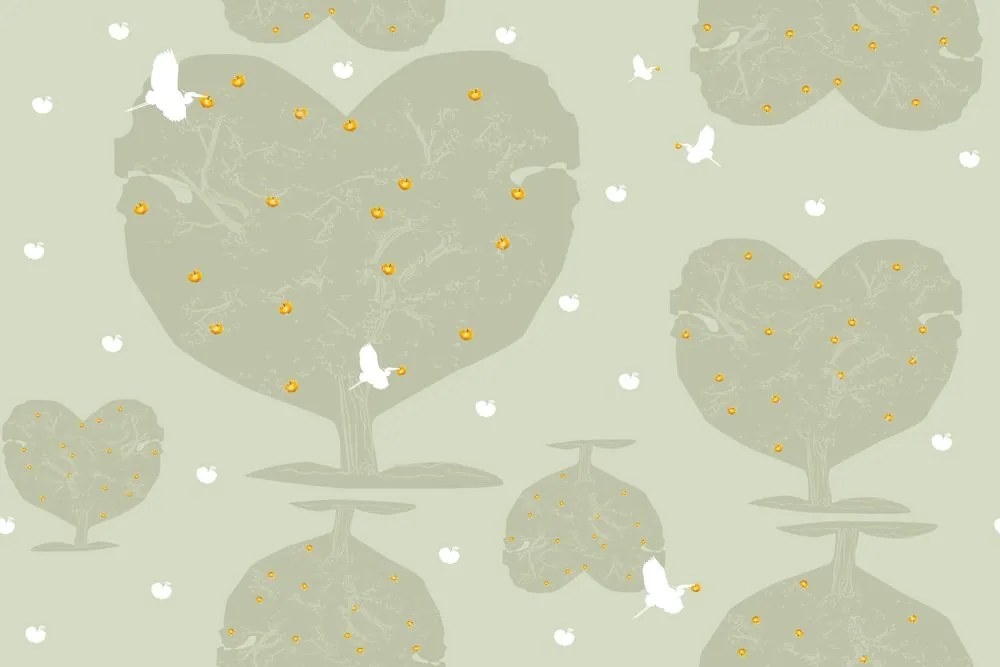 Carta da parati – Mele d'oro sugli alberi a forma di cuore