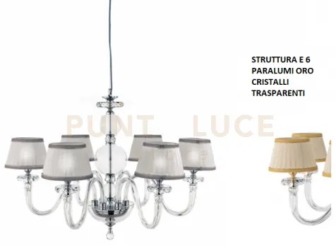 Lampadario in vetro bach 6 luci lp.bach-6cp-oro dorato con paralumi