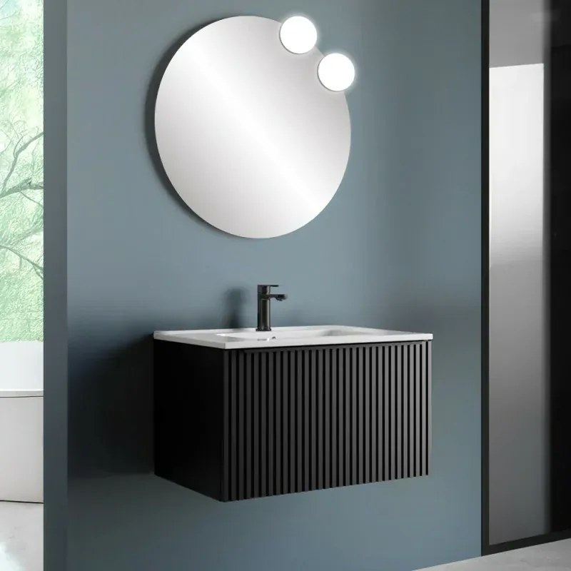 Mobile bagno sospeso 70 cm nero opaco cannettato con cassetto, specchio e lavabo Nara