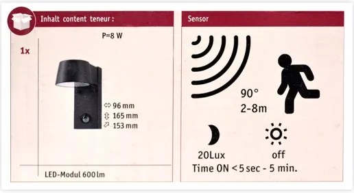 Paulmann 94453 - LED/6W IP44 Applique da esterno con sensore CAPEA 230V