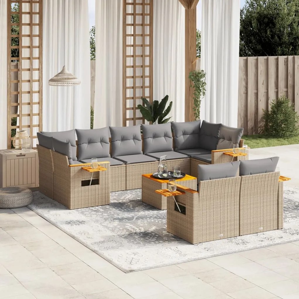 Set divano da giardino 10 pz con cuscini beige in polyrattan