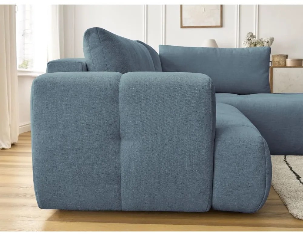 Divano angolare blu allungabile e con contenitore (penisola a destra/a L) con rivestimento in ciniglia Fuji – Bobochic Paris