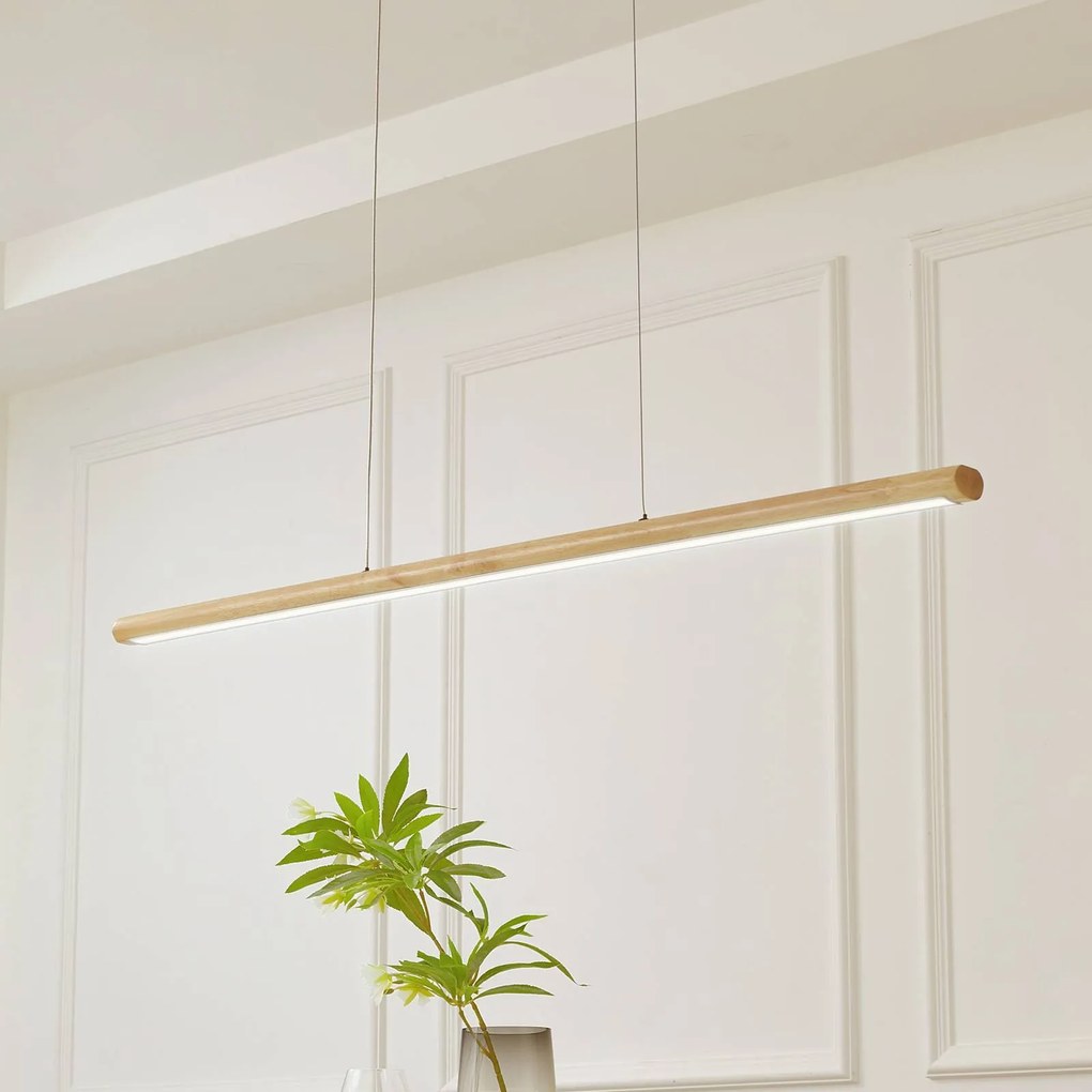 Lucande Lampada LED a sospensione Maruta, legno, trave, 120 cm, 3000K Maruta, Legno chiaro, Soggiorno / Sala da pranzo, Legno, Moderno