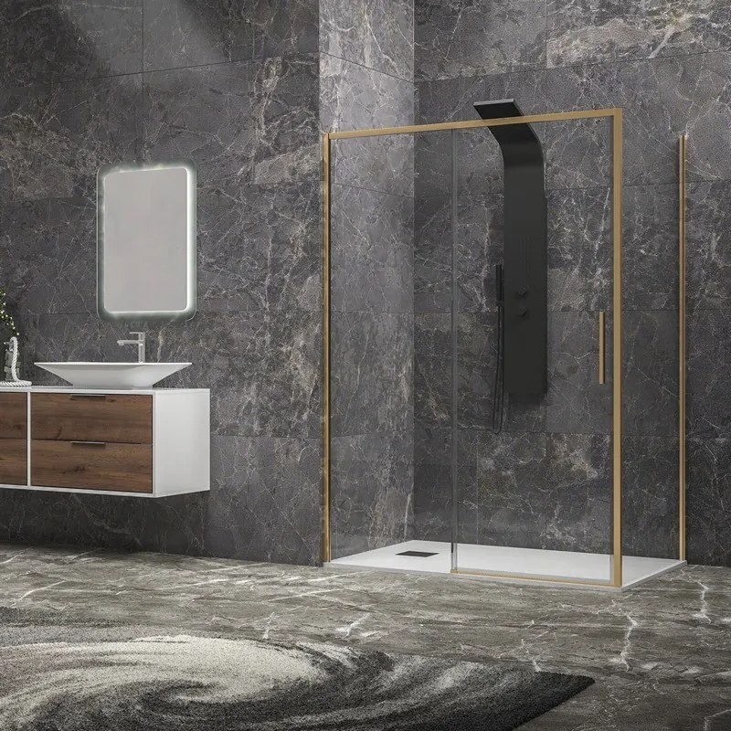 Box doccia oro satinato 90x110 scorrevole e fisso vetro 6mm altezza 200h | KLA-4000G - KAMALU