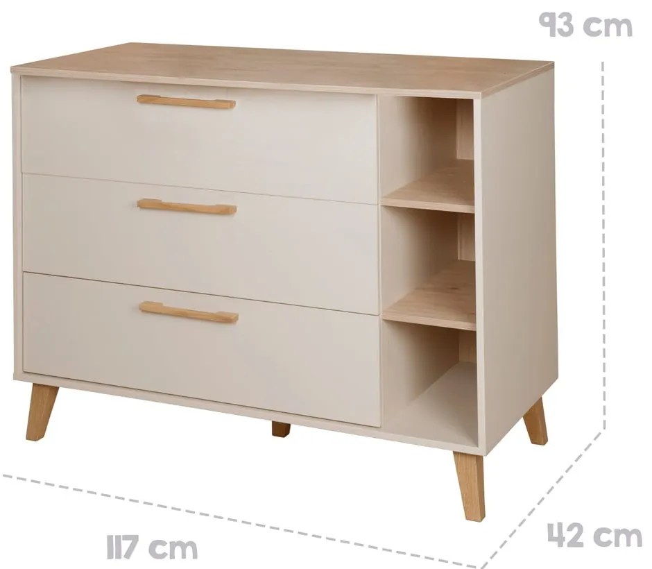Cassettiera per bambini color crema/di colore naturale con effetto rovere con fasciatoio 117x103x78 cm Jil – Roba