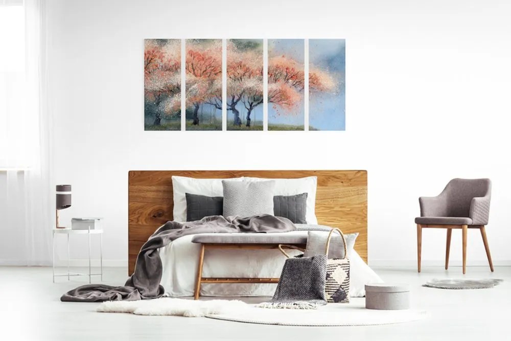 Quadri 5 pezzi – Alberi fioriti ad acquerello