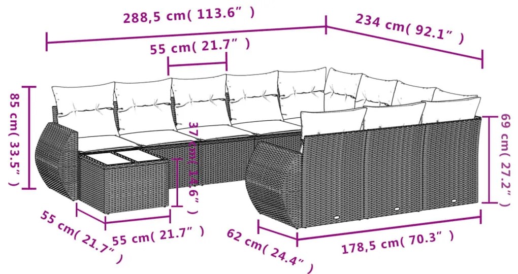 Set divani da giardino 11 pz con cuscini in polyrattan nero